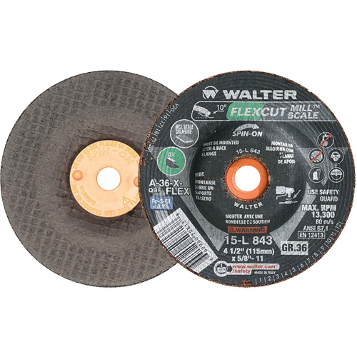 FLEXCUT MILL SCALE Grinding Wheel, 4-1/2", 36 Grit, Aluminum Oxide, 5/8"-11, 13300 RPM, Type 29 NTL Industrial