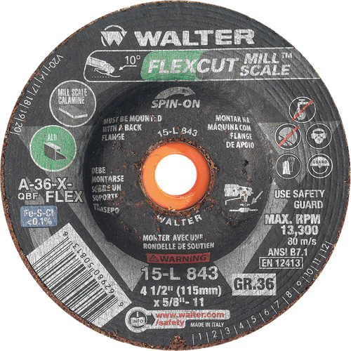 FLEXCUT MILL SCALE Grinding Wheel, 4-1/2", 36 Grit, Aluminum Oxide, 5/8"-11, 13300 RPM, Type 29 NTL Industrial