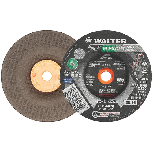 FLEXCUT MILL SCALE Grinding Wheel, 5", 36 Grit, Aluminum Oxide, 5/8"-11, 12200 RPM, Type 29 NTL Industrial
