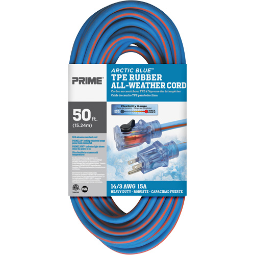 Cordon rallonge Arctic Blue, Toutes saisons, SJEOW, AWG 14/3, 15 A, 50' NTL Industrial