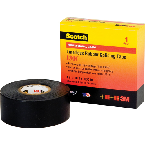 Scotch&reg; Linerless Rubber Splicing Tape 130C, 25.4 mm (1") x 9.14 m (30'), Black NTL Industrial