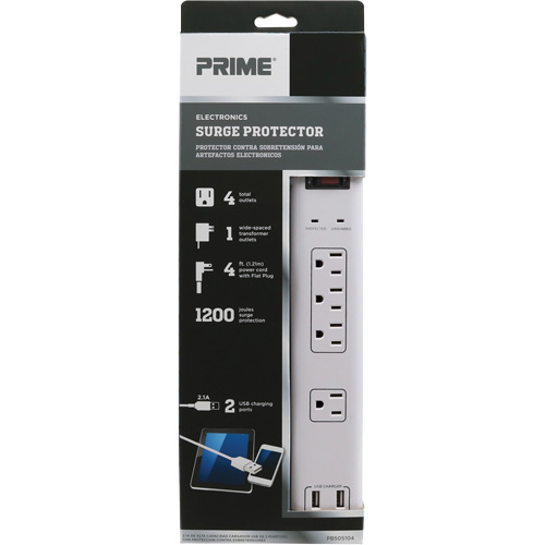 USB Charging Surge Protectors, 4 Outlets, 1200 J, 1875 W, 4' Cord NTL Industrial