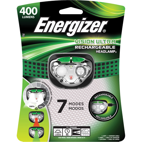 Lampe frontale Vision Ultra, DEL, 400 lumens, 4 hres de fonctionnement, piles Rechargeable NTL Industrial