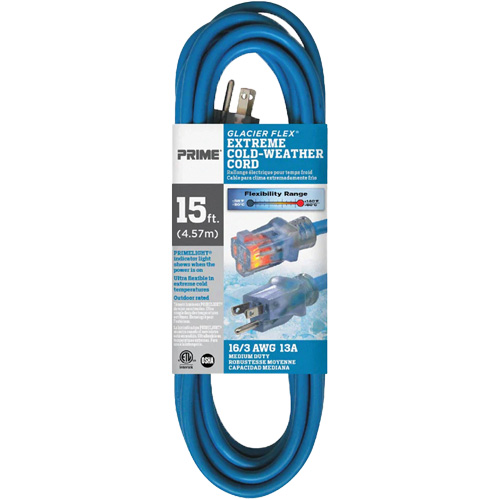 Glacier Flex&reg; Extreme Cold Weather Extension Cord, Outdoor, SJTW, 16/3 AWG, 13 A, 15' NTL Industrial