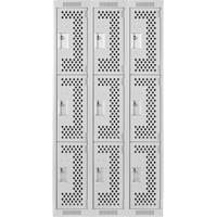 Clean Line Lockers, 3 -tier, Bank of 3, 36" x 12" x 72", Steel, Grey, Rivet (Assembled), Perforated NTL Industrial