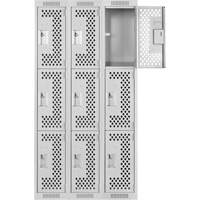 Clean Line Lockers, 3 -tier, Bank of 3, 36" x 12" x 72", Steel, Grey, Rivet (Assembled), Perforated NTL Industrial