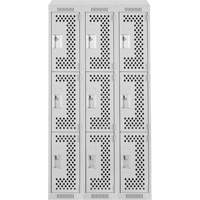 Clean Line Lockers, 3 -tier, Bank of 3, 36" x 18" x 78", Steel, Grey, Rivet (Assembled), Perforated NTL Industrial