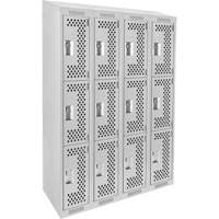 Clean Line Lockers, 3 -tier, Bank of 4, 48" x 18" x 78", Steel, Grey, Rivet (Assembled), Perforated NTL Industrial