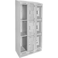 Clean Line Lockers, 3 -tier, Bank of 3, 36" x 15" x 82", Steel, Grey, Rivet (Assembled), Perforated NTL Industrial