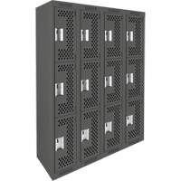 Clean Line Lockers, 3 -tier, Bank of 4, 48" x 12" x 72", Steel, Charcoal, Rivet (Assembled), Perforated NTL Industrial