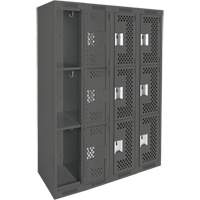 Clean Line Lockers, 3 -tier, Bank of 4, 48" x 12" x 72", Steel, Charcoal, Rivet (Assembled), Perforated NTL Industrial