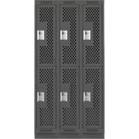 Clean Line Lockers, 2 -tier, Bank of 3, 36" x 12" x 76", Steel, Charcoal, Rivet (Assembled), Perforated NTL Industrial