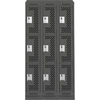 Clean Line Lockers, 3 -tier, Bank of 3, 36" x 15" x 82", Steel, Charcoal, Rivet (Assembled), Perforated NTL Industrial
