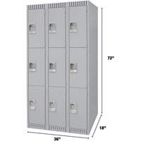 Lockers, 3 -tier, Bank of 3, 36" x 18" x 72", Steel, Grey, Knocked Down NTL Industrial
