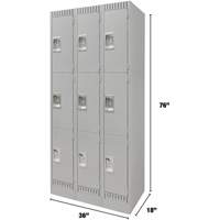 Lockers, 3 -tier, Bank of 3, 36" x 18" x 76", Steel, Grey, Knocked Down NTL Industrial