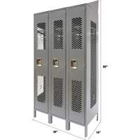 Vented Lockers, Bank of 3, 36 x 18" x 88", Steel, Grey, Knocked Down, Perforated NTL Industrial