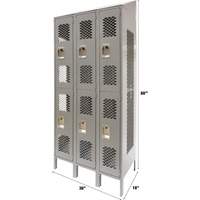 Vented Lockers, 2 -tier, Bank of 3, 36 x 18" x 88", Steel, Grey, Knocked Down, Perforated NTL Industrial