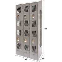 Vented Lockers, 2 -tier, Bank of 3, 36 x 18" x 88", Steel, Grey, Knocked Down, Perforated NTL Industrial