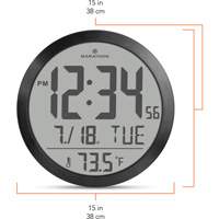 Round Digital Wall Clock, Digital, Battery Operated, 15" Dia., Black OR488 | NTL Industrial