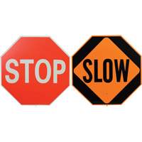 Double-Sided "Stop/Slow" Traffic Control Sign, 18" x 18", Plastic, English with Pictogram SEJ662 | NTL Industrial